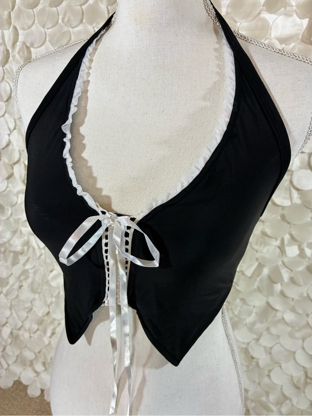 Black Halter Tie-Front Lingerie Top with White Trim